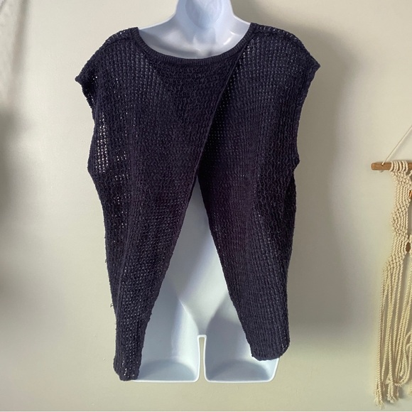 Eileen Fisher Navy Crochet Knit Split Back Top Organic Linen Cotton Blend XL - Picture 8 of 13